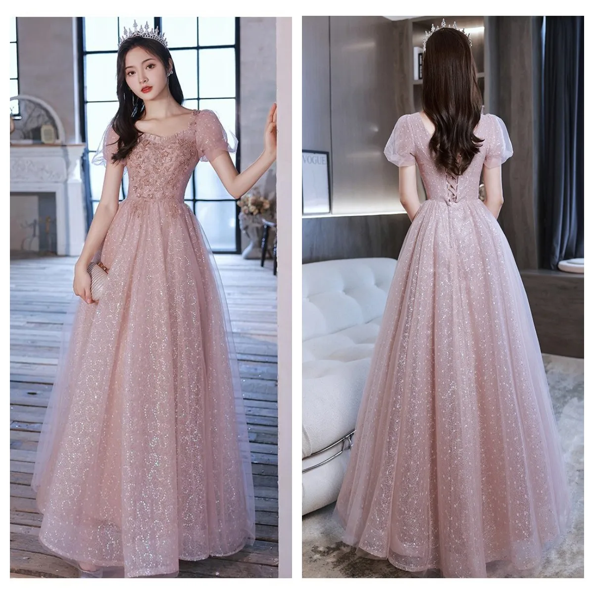 ATY 130Evening Dresses Bridal Toast Pink Beaded Sequins Wedding Party