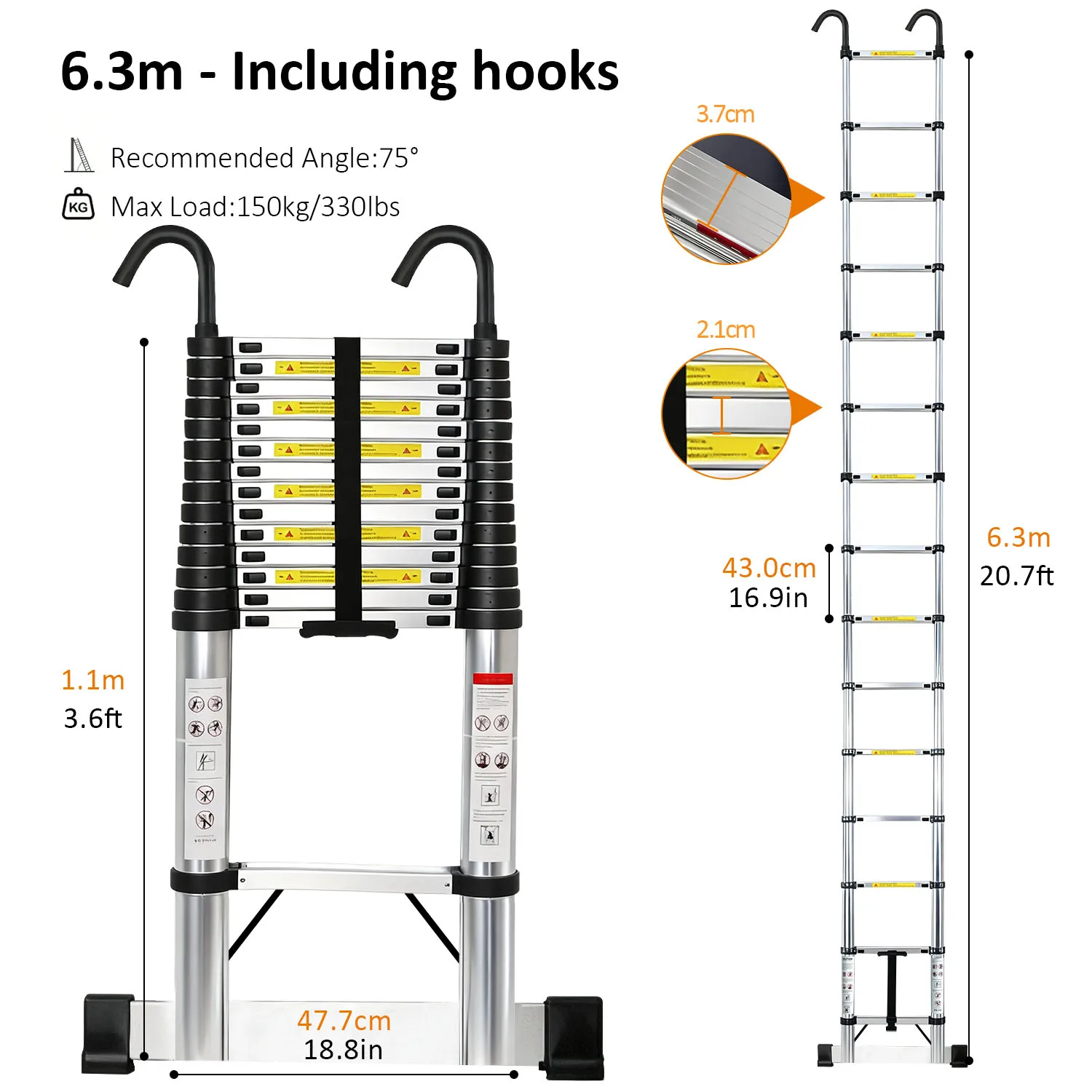 Telescopic Ladder, 3.8M Stainless Steel Loft Ladder With Non-Slip Feet - View #2