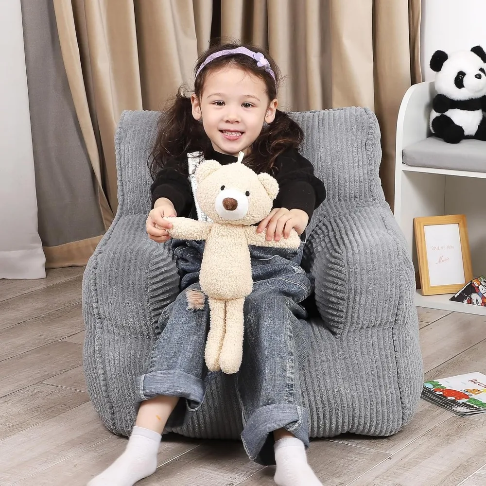 Kids Bean Bag Chair with a Plush Bear, Comfy Toddler Chair for Boys and Girls, Grey 5