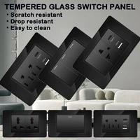 118*75 มม.กระจกนิรภัยแผงซ็อกเก็ต US Wall SOCKET สีดําไทย USB ซ็อกเก็ตปลั๊ก Dual USB Type-C พอร์ต, สวิทช์ไฟ 110V 1