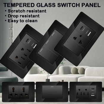 118*75 มม.กระจกนิรภัยแผงซ็อกเก็ต US Wall SOCKET สีดําไทย USB ซ็อกเก็ตปลั๊ก Dual USB Type-C พอร์ต, สวิทช์ไฟ 110V 1