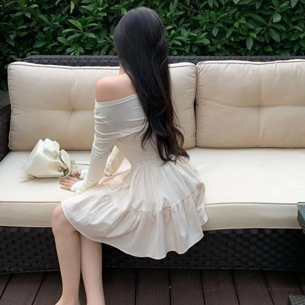 Spicy Girl Long Sleeved Slim Short Skirt Korean Fashion Slim Fit One Collar Dress Lightweight Y2K A-line Short Skirt Travel