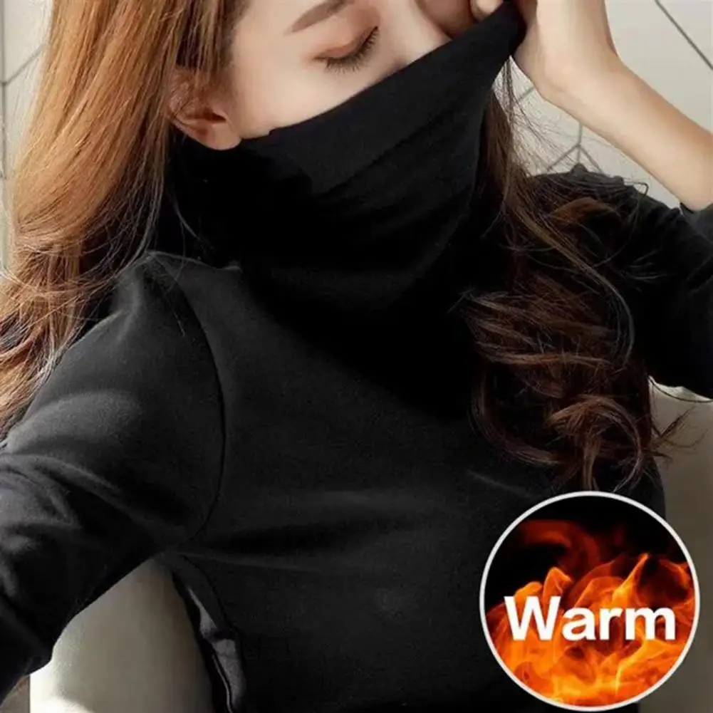 

Stylish Women Base Top Elastic Winter Top High Collar Neck Protection Pure Color Women Base Top