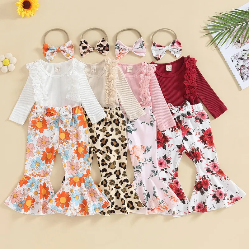 

Newborn Baby Girl Pant Sets Spring Autumn Clothes Solid Ribbed Long Sleeve Bodysuit and Flower Flare Pants Bow Headband Outfit