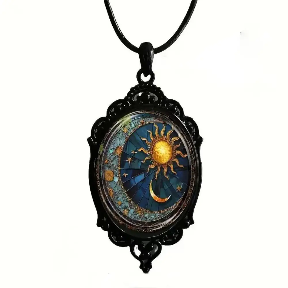Gothic Glass Necklace Sun Moon Style Flower Pattern