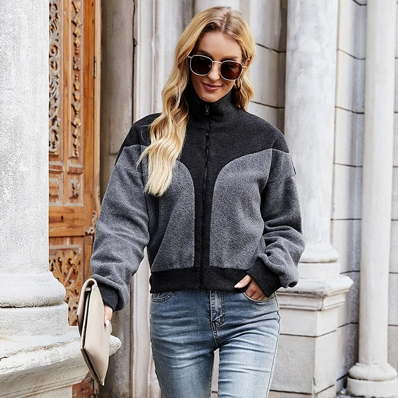 

Women Stand Collar Zipper Style Cardigans Office Lady Casual Commute Loose Coats Autumn Winter Thicken Warm Furry Sweatshirts