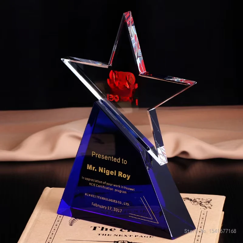 Customized Transparent Crystal Trophy with Gift Box, Creative High-End, Five-Star Blue, Excellent Student Prize, Home Decor, 1Pc