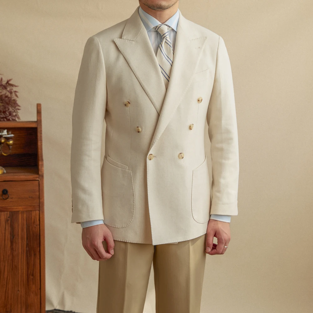 Gentry Men's Linen Blended Casual Double-breasted Suit Retro Commuter Slim-fit Six-button One-suit 6
