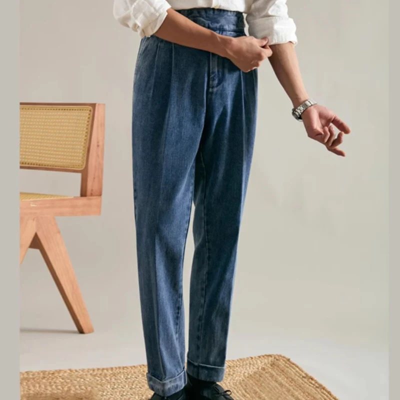 High Waisted Baggy Pleated Jeans Autumn Straight Tube Loose Washed