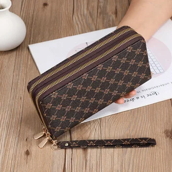 Portafoglio lungo di grande capacità con stampa di tendenza Portafoglio con cerniera multifunzionale europeo e americano Portafoglio con cerniera grande moda retrò