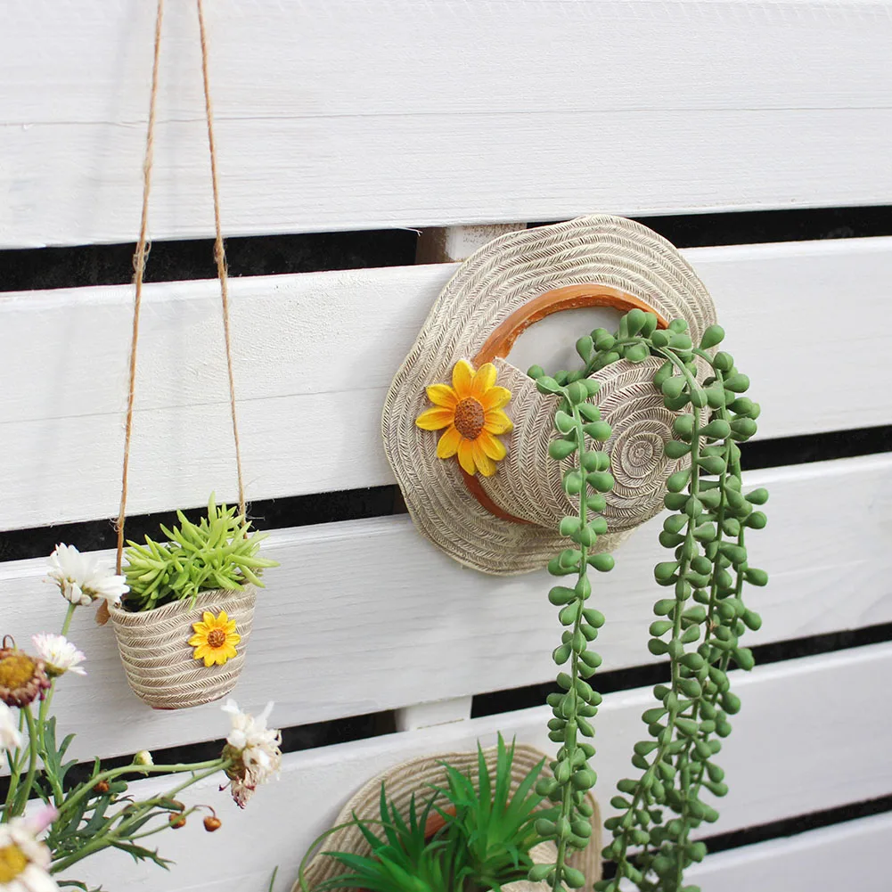 Boho Hat & Bag Planter Imitation Straw Planting Pot Resin Hanging Flower Pot Succulent Plant Pot for Balcony Garden Yard