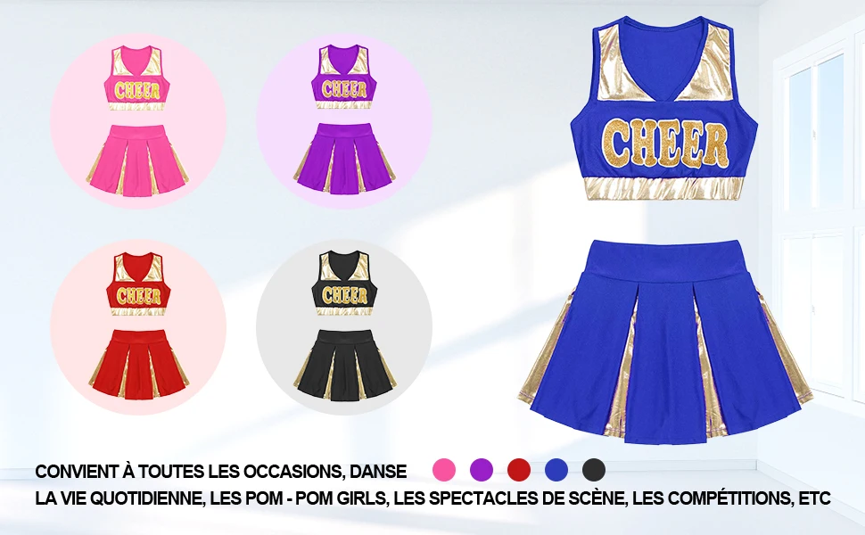 Description Picture 2 of itemKids Girls Cheerleading Uniform Summer Cheer Leader Dance Costume Set Sleeveless V-Neck Letter Print Crop Top with Skirt Clothes