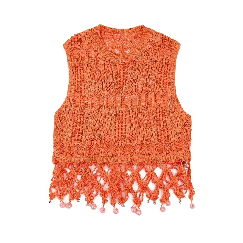 

Summer New Round Neck Sleeveless Lace Beaded Knitted Vest Sexy Hollow Thin Top Women's