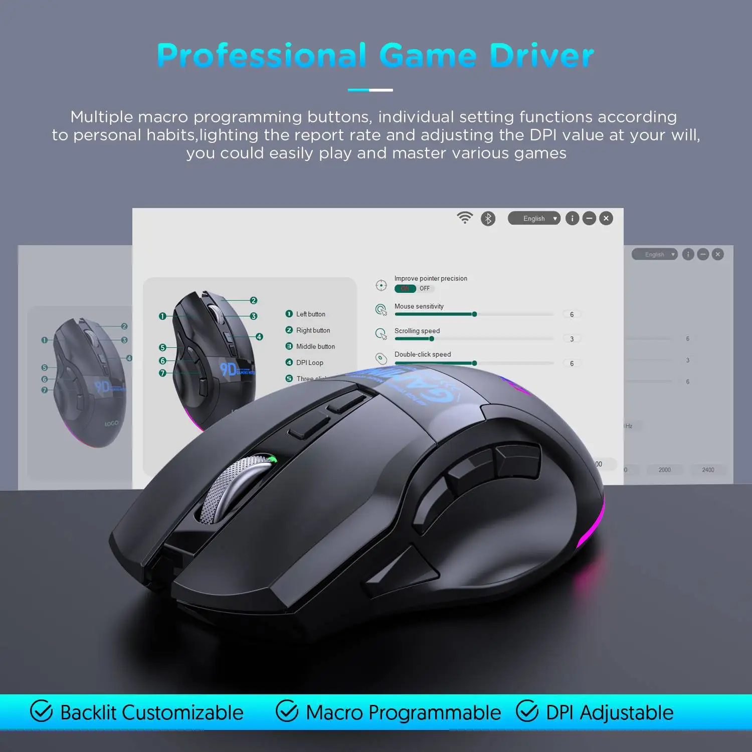 Wireless Mouse RGB Light Effect 9-Button Bluetooth Dual-Mode Three-Way  Wireless Macro Defines Gaming Mouse Computer Accessories - AliExpress