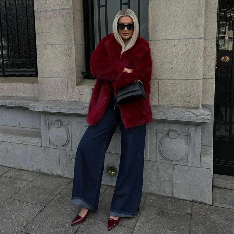 Luxury Women's Red Faux Fur Long Overcoat Fleece Thick Warm Full Sleeve Lapel Cardigan Coat Winter Fashion Loose Outerwear