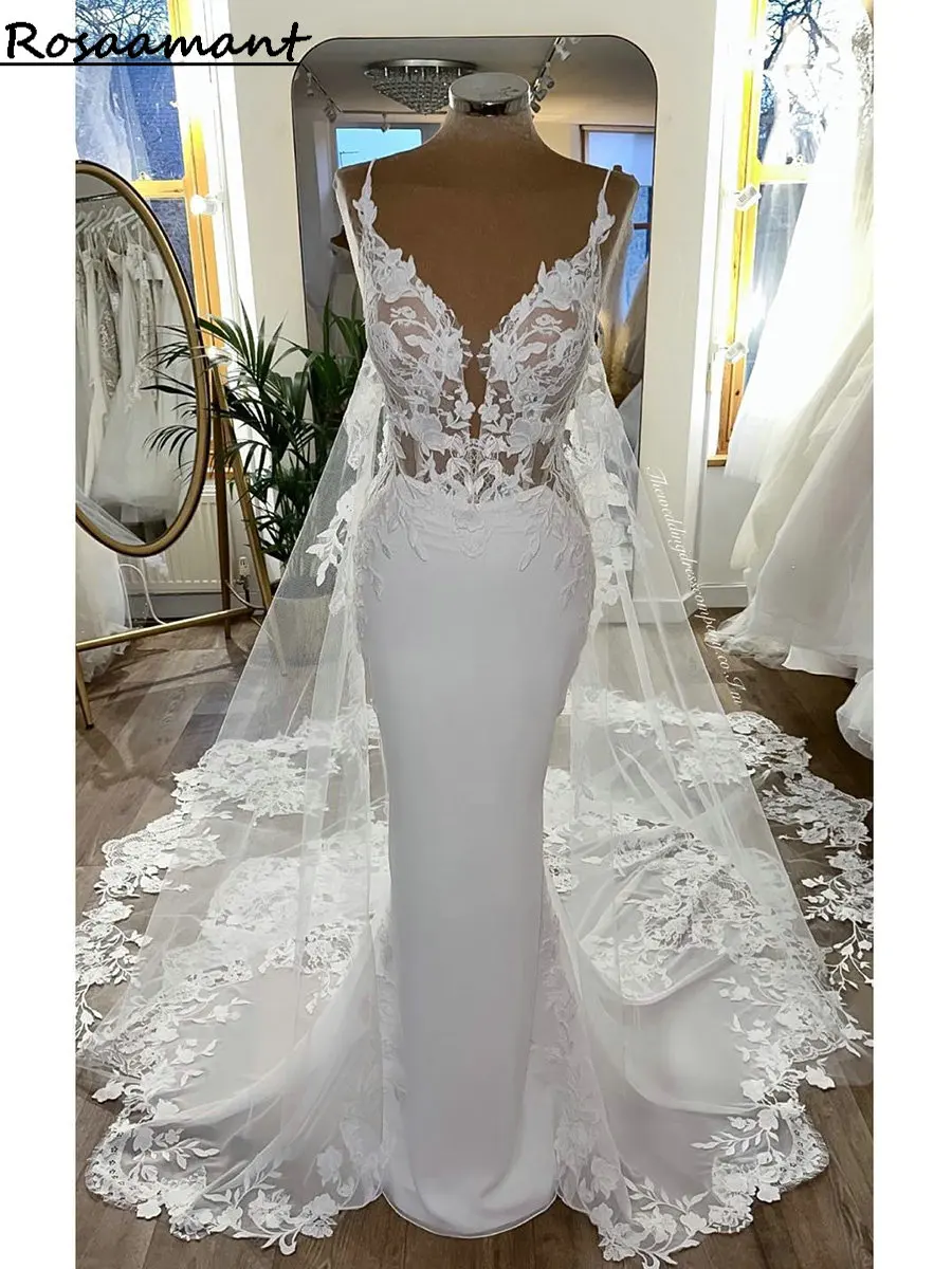 

Bohemian Illusion Backless Detachable Train Mermaid Wedding Dresses Spaghetti Straps Appliques Lace Bridal Gowns