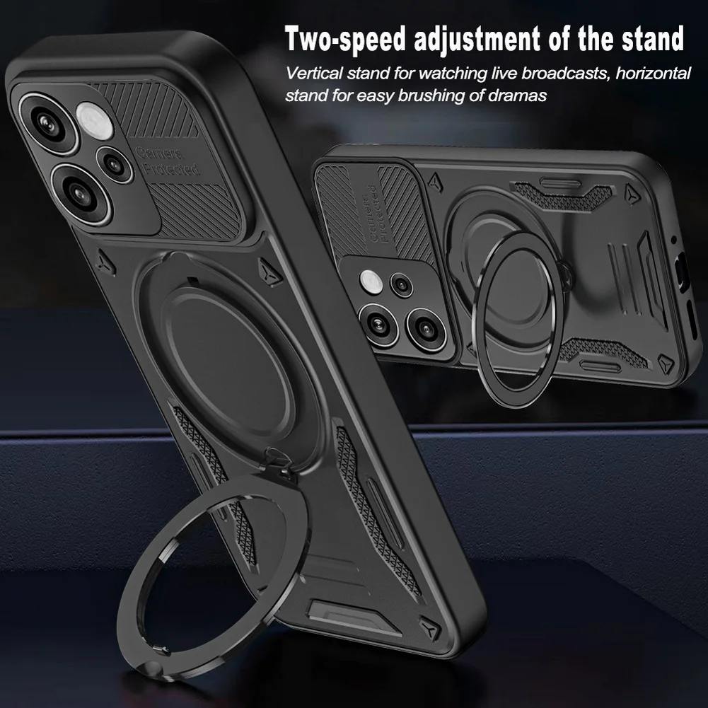 Magnetic Adsorption Phone Case with Metal Ring Holder and MagSafe Compatibility