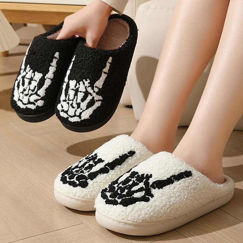 Skull Finger Pattern Skull Embroidery stuffed Home Platform Cozy Wool Cotton Slippers Rock Finger Warm Non-slip Indoor Slippers S044_voghion.com