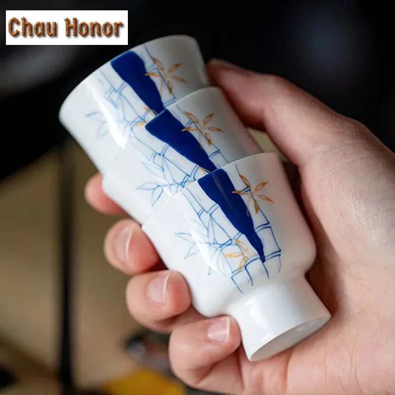 2pc/set Pure Hand-painted Blue Bamboo Ceramic Art Tea Cup Chinese Style Household White Porcelain Kung Fu Tea Master Cups 30ml