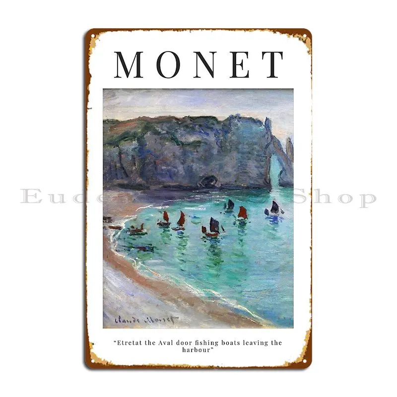 Клод Моне Etretat на открытом воздухе, рыболовные лодки, покидающие гавань, металлический налет, ретро-дизайн для бара, кинотеатра, оригинальный плакат