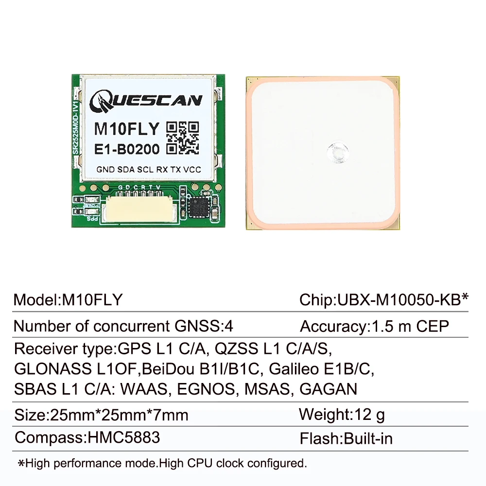 Module GNSS M10FLY connecté à un contrôleur de vol, avec câbles et connecteurs pour intégration drone