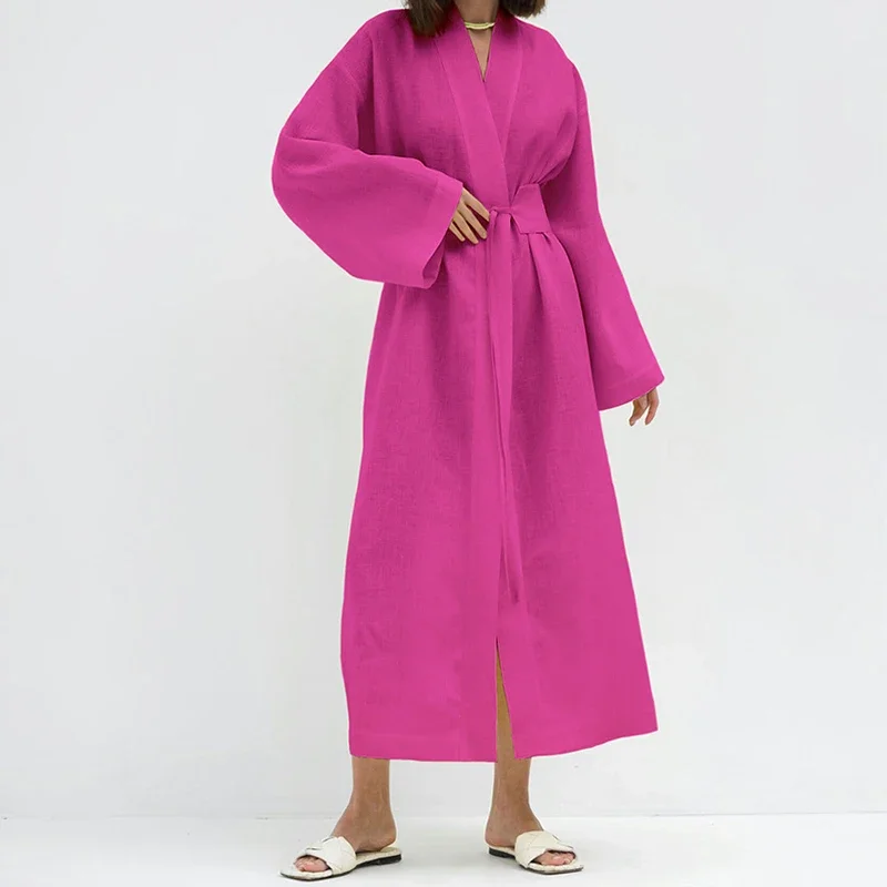 

PASSIONNÉ Cotton Linen Dresses Female V-neck Long Sleeve with Belt Lace-up Ankle-length Dress for Women Casual Fashion 2023 New