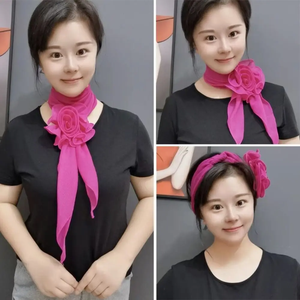 Sweet Flower Chiffon Scarf Versatile Elegant Rose Decor Neck Scarf Detachable Floral Scarf Shawl Girls
