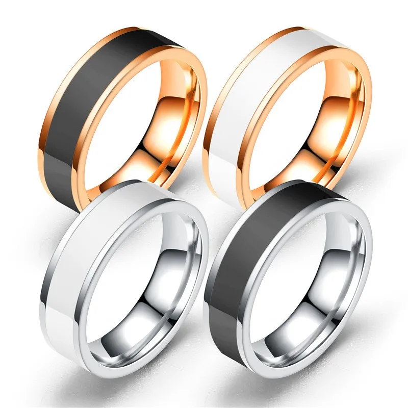 Wedding Rings Rose Gold Color White Black Charm for Woman Man Engrave Name 316L Stainless Steel Never Fade