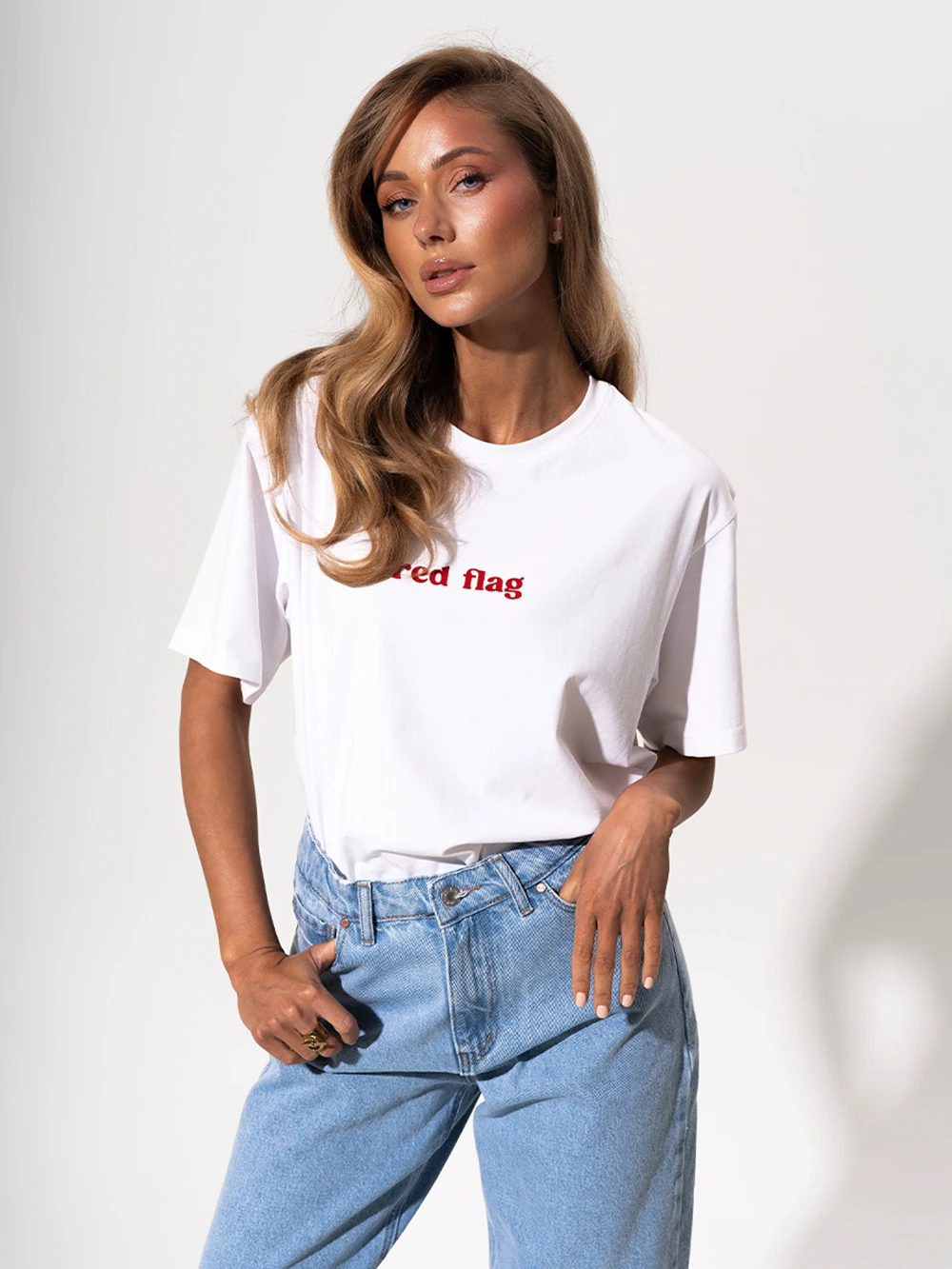 Red Flag Oversized T-Shirt Letter Print Women's T-Shirt Cotton Simple Design Summer Fashion Tee Boutique Drop Sleeve 3