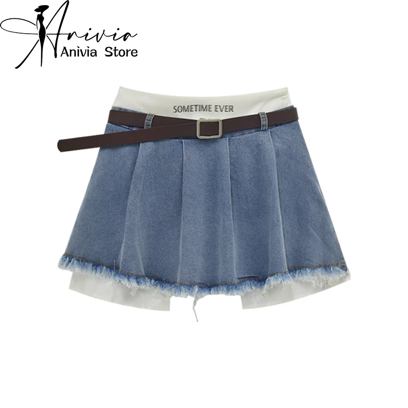 

Women's Summer A-line Half Skirt Retro Casual Denim Design Y2K Spliced Ragged Edge High Street High Waist Pleated Skirt Academy
