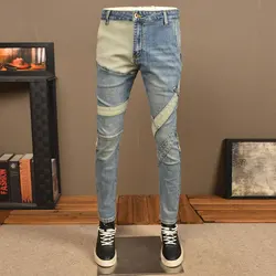 High Street Fashion Men Jeans Retro Washed Blue Stretch Slim Fit Patched Ripped Jeans Men Spliced Designer Hip Hop Denim Pants