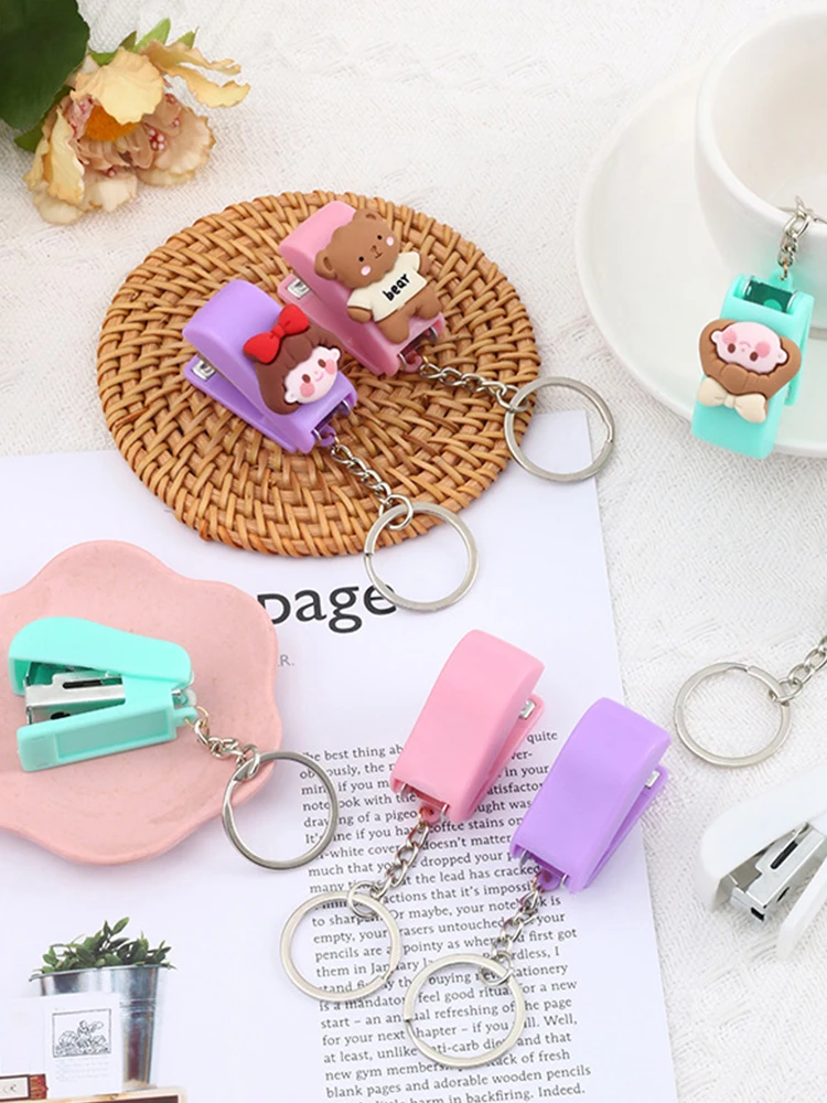 Macaron Color Cute Cartoon Mini Stapler Key Chain Student Creative stapler Key Ring Pendant