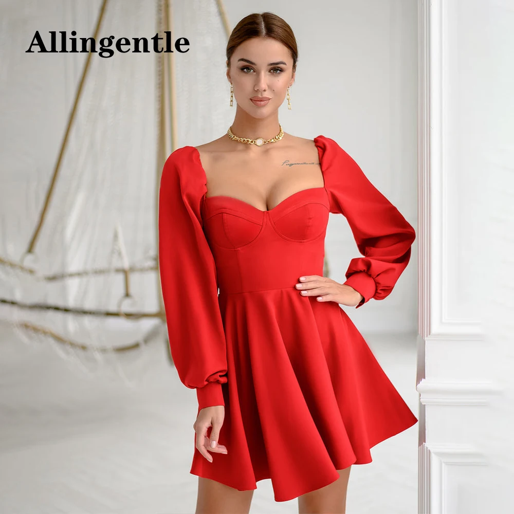 

Allingentle Red Long Sleeves Homecoming Dresses Sweetheart Mini-Length A-Line Cocktail Party Gowns Zipper BackVestidos De Fiesta