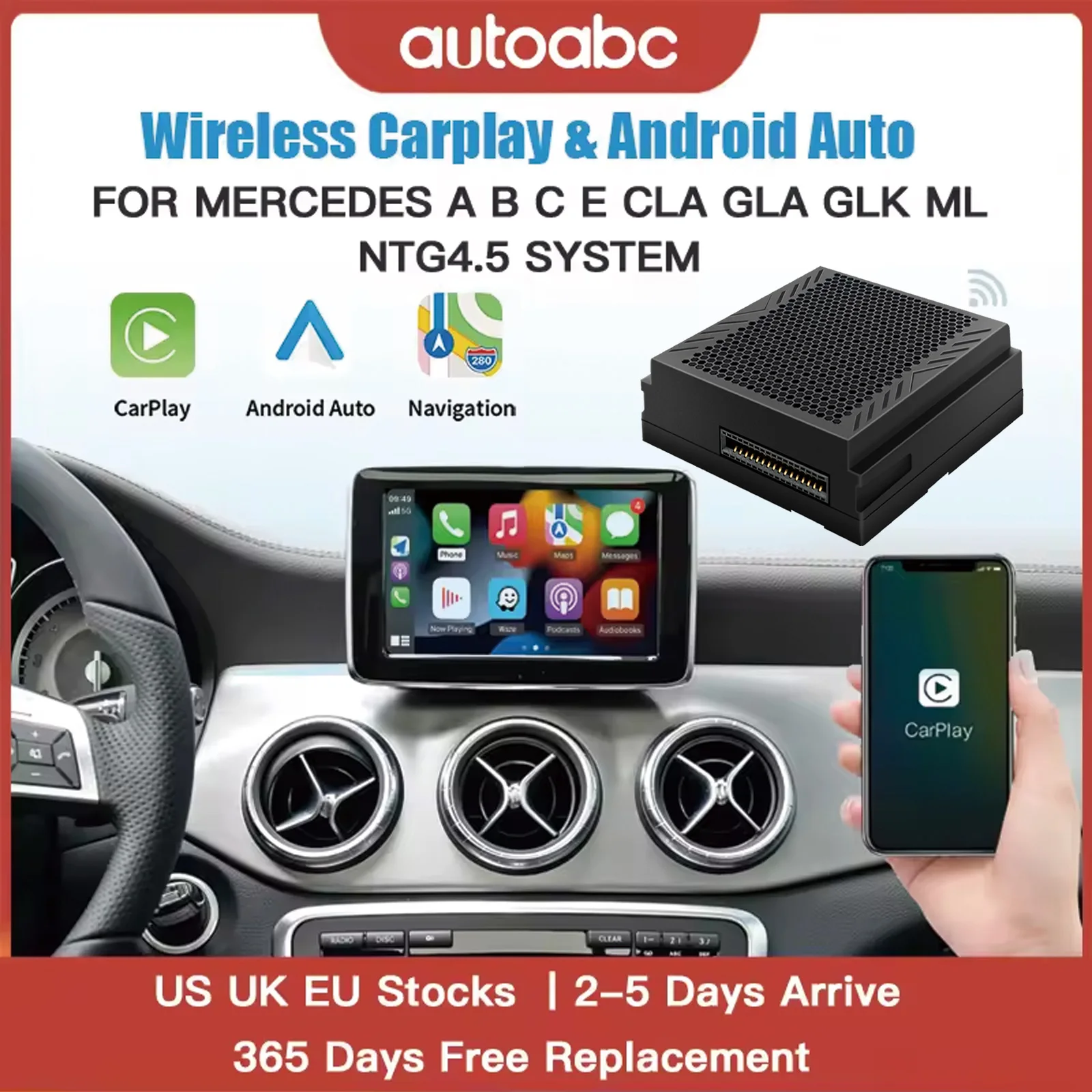 AUTOABC Wireless Carplay Android Auto For Mercedes Benz A B C E CLA GLA GLK ML NTG4.5 System Becker Interface Module Navigation