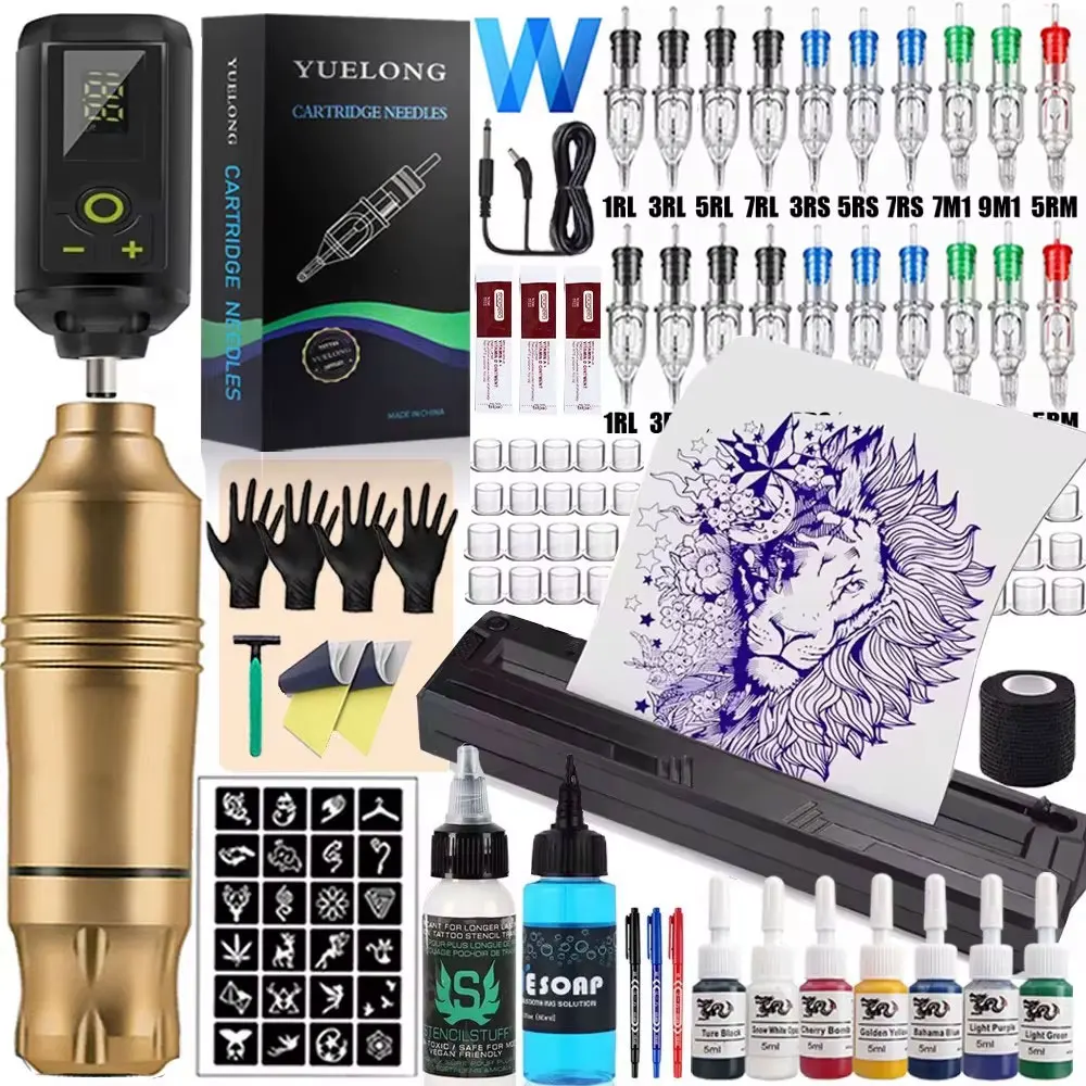 Kit Tatuaggio Wireless: Macchinetta Rotativa, Penne, Cartucce, Aghi, Inchiostro e Stampante Wireless per Trucco Permanente