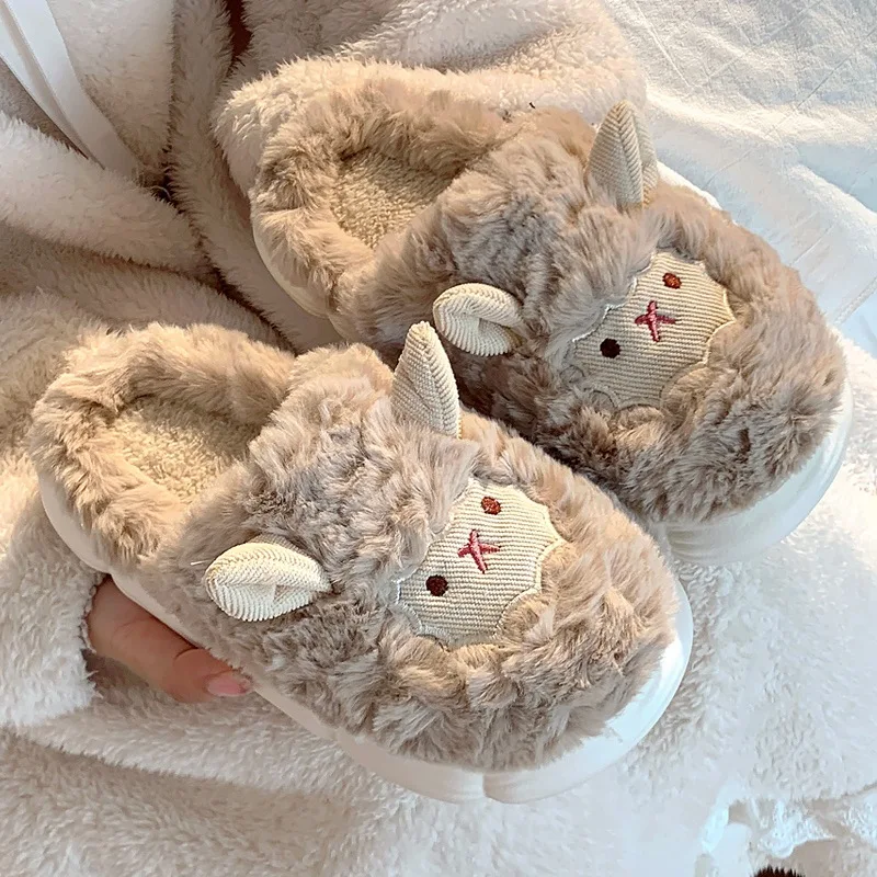 Winter Cartoon Sheep Plush Slippers For Women Men Warm Soft Fluffy Fur Slides Adults Cute Indoor Home Sandal Couple Cotton Shoes 4