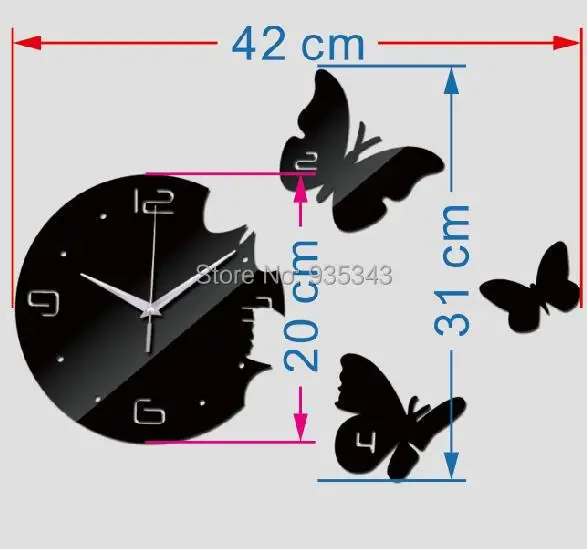 Description Picture 3 of itemNew Big Butterflies Round Wall Clock DIY Quartz Watch Acrylic Mirror 3D Stickers for Living Room Europe Needle Horloge Murale