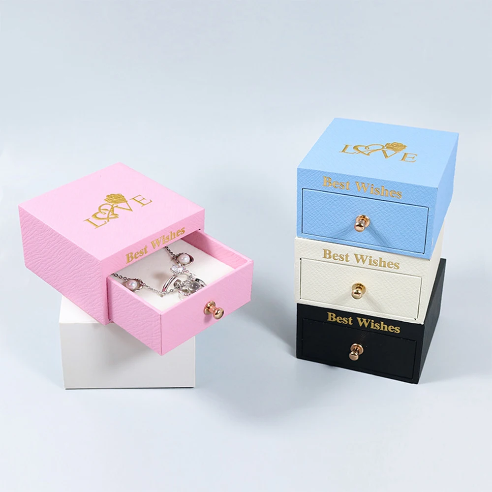 5pcs Bulk Jewelry Package Box And Paper Tote Bag Bronzing Art Best Wishes Necklace Storage Gift Drawer Box With White Sponge