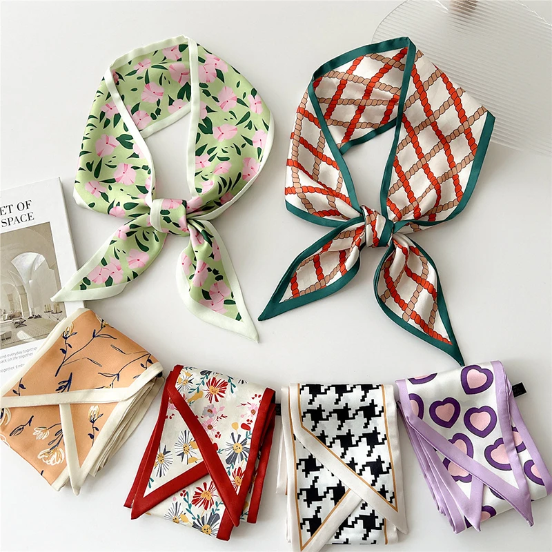 

Silk Long Scarf Women Floral Print Ribbon Hand Bag Wrist Towel Hairband Plaid Neckerchief Narrow Scarves Satin Skinny Scarf