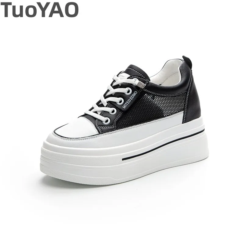 

7cm Air Mesh Genuine Leather Hollow Breathable Summer Women Sandals Comfort Platform Wedge Chunky Sneakers Leisure Vulcanized