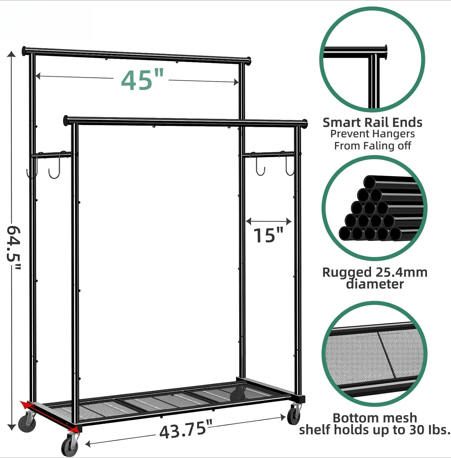 Double Rod Clothing Garment Rack on Wheels, 45 Inches Clothes Rack with Mesh Bottom Shelf for Hanging Clothe 6