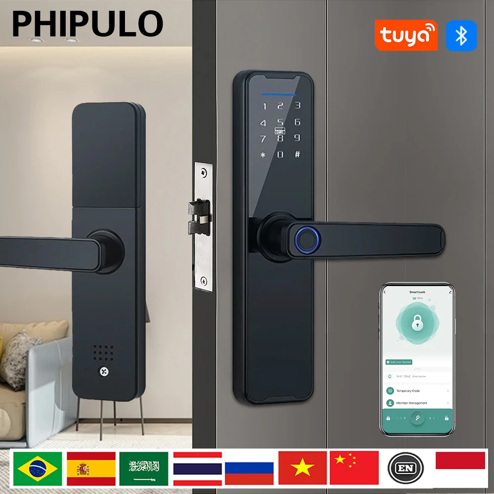 

PHIPULO Tuya Electronic Smart Door Lock With Biometric Fingerprint / Smart Card / Password / Key Unlock/ USB Emergency Charge