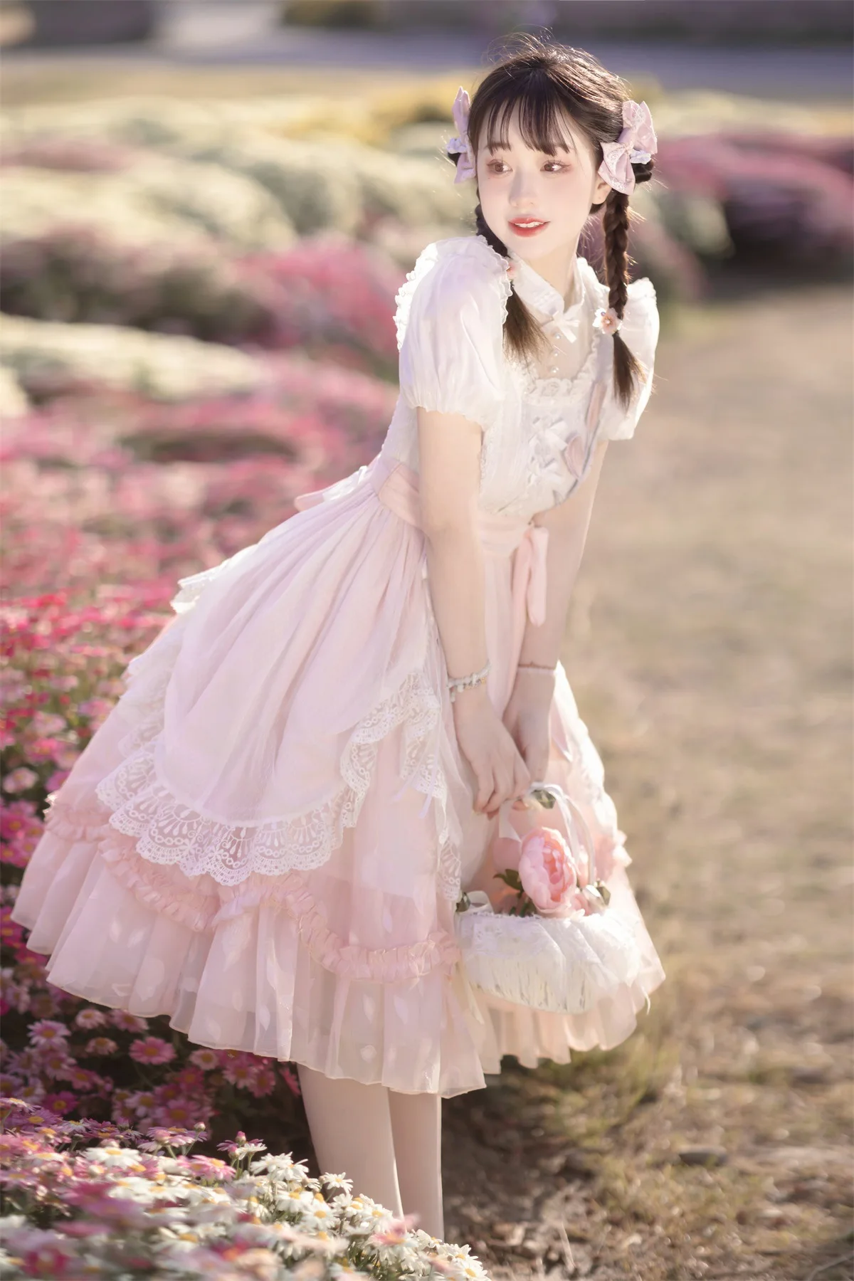 Sweet Pink Lolita Dress Vintage Chinese Style Cute Short Sleeve