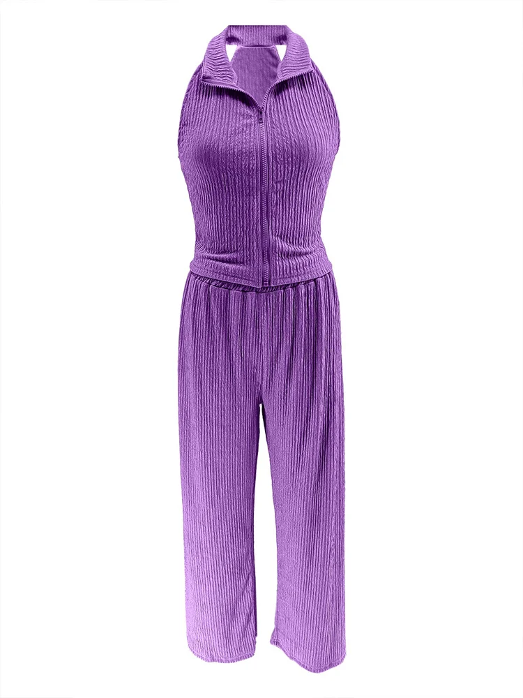 Wmstar Two Piece Set Wholesale Summer Sleeveless Solid Top Pleated Casual Pants Set for Women Elegant Matching Suit New Style