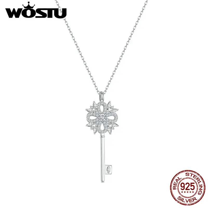 Wostu Real 925 Sterling Silver Destiny Key Charm Collana Per Le Donne Snowflake Clear Zircone Chain Collane Regalo Di Gioielli Da Sposa