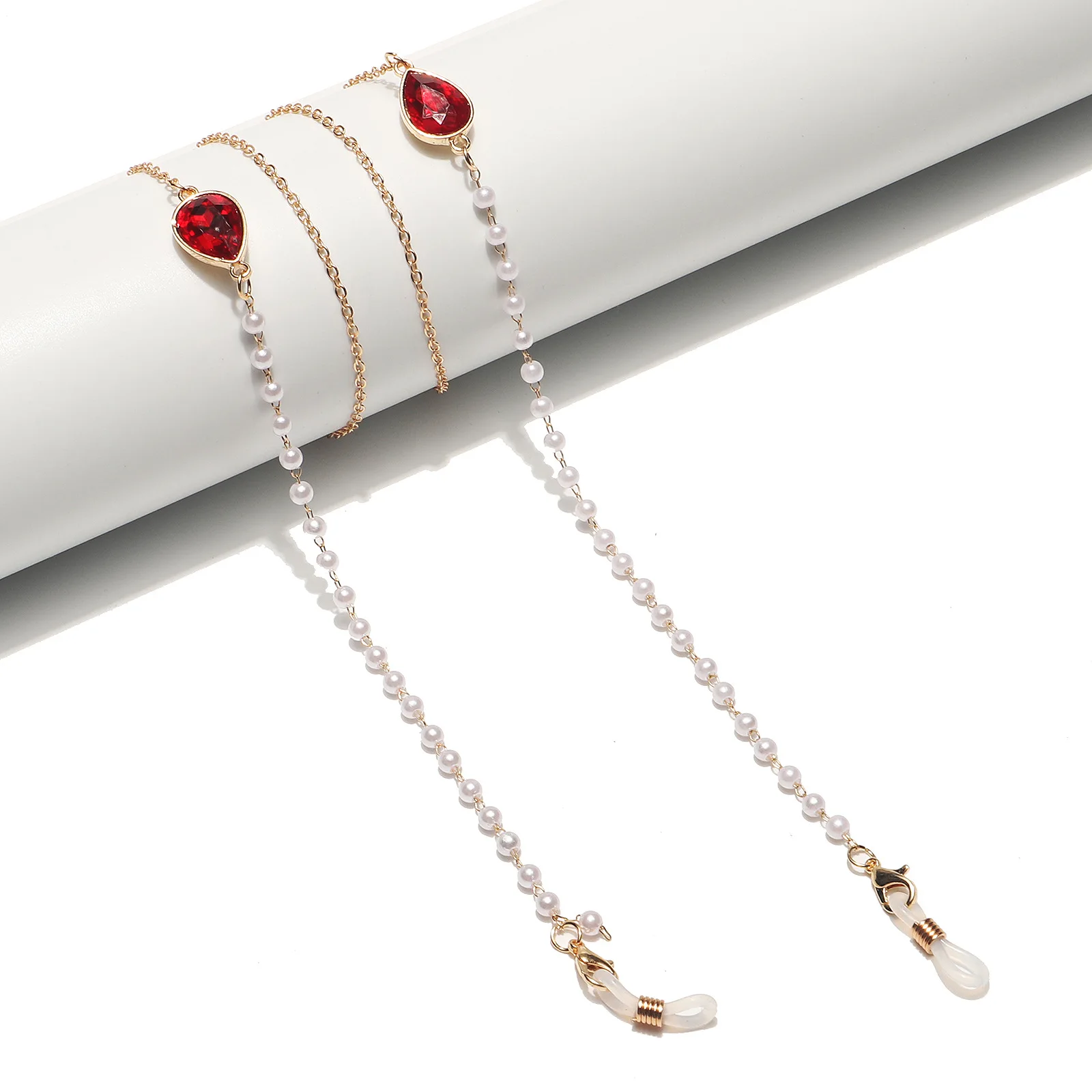 

Fashion Pearl Water Drop Crystal Red Pink and White Chain Glasses Rope Metal Sunglasses Chains