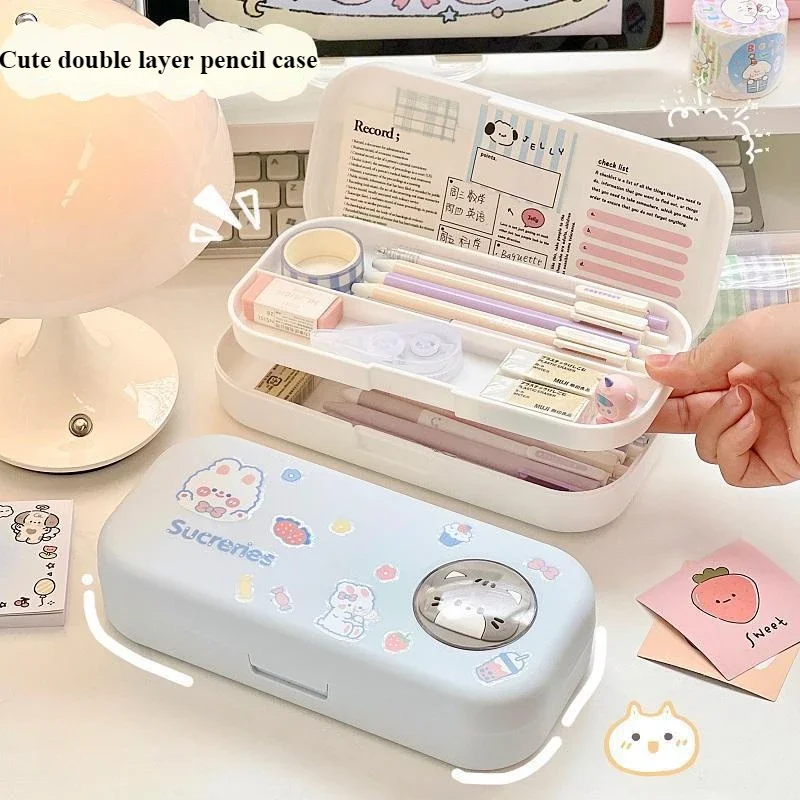 Kawaii Morandi Simple Pencil Case Student Large Capacity Double-layer Pencil Case Cartoon Stationery Organizer School Supplies