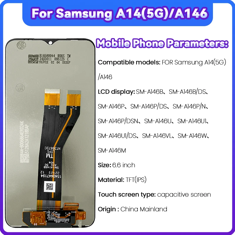 LCD 삼성 갤럭시 A14(5G) SM-A146B, 터치 스크린 디지타이저 삼성 갤럭시 A146(5G) SM-A146B/DS LCD 프레임 포함, 6.6 인치