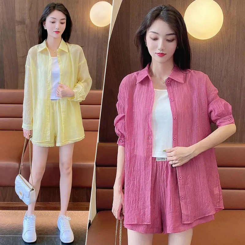 Sunscreen Set Summer Loose Shirt Shorts Three Piece Sets Streetwear Womenswear Trends Loose Casual Lapels Single-breasted