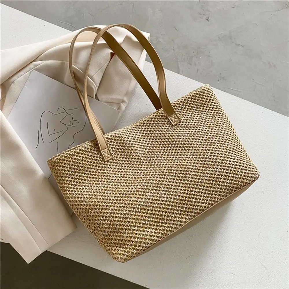 

Casual Vintage Pu Leather Korean Bag Tote Bag Weave Travel Bohemian Beach Bag Shoulder Bag Women Handbag Straw Bag